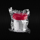 Показать информацию о Прозрачный полипропиленовый контейнер для мочи 120 мл с красной винтовой крышкой и белой этикеткой в индивидуальной упаковке STERILE R 100шт