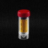 Vairāk informācijas par Caurspīdīgs polipropilēna urīna trauks 30 ml ar sarkanu skrūvējamu vāciņu un dzeltenu etiķeti 100gb
