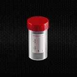 Vairāk informācijas par Caurspīdīgs polipropilēna universālais trauks 60 ml ar baltu sarkanu skrūvējamu vāciņu STERILE R 100gb
