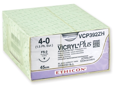 Picture of ETHICON VICRYL PLUS absorbējamās šuves - 4/10 mm adata 19 mm - pītas, 36 gab.