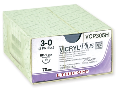 Picture of ETHICON VICRYL PLUS absorbējamās šuves - adatas 3/0 adata 17 mm - pītas, 36 gab.